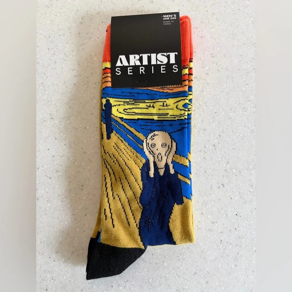 NWT The Scream' Decorative Artist Socks Blue/Gold Men’s Shoe Sz 7-12 E. Munch